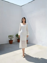 Clobug Elegant Lace Midi Dress – Flare Sleeve Classic Fit