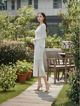 Clobug Elegant Lace Midi Dress – Flare Sleeve Classic Fit
