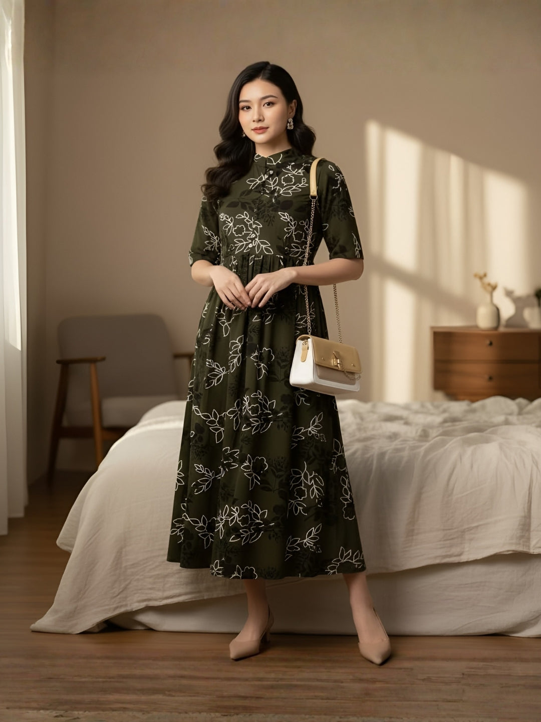 Clobug Women Floral 3/4 Sleeve Dress