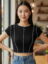 Clobug Women Round Neck Black Crop Top