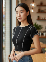 Clobug Women Round Neck Black Crop Top