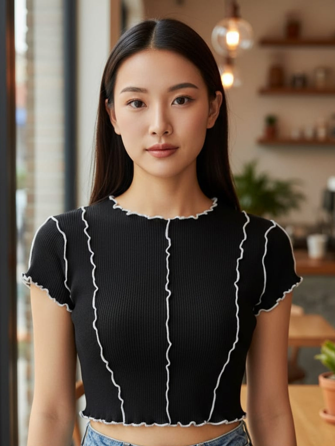 Clobug Women Round Neck Black Crop Top