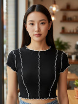 Clobug Women Round Neck Black Crop Top