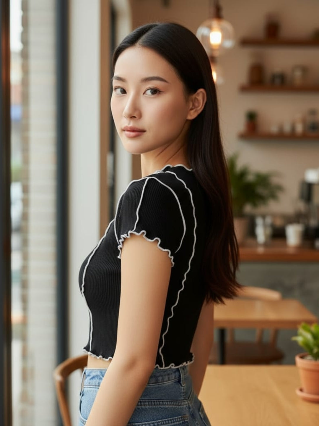 Clobug Women Round Neck Black Crop Top