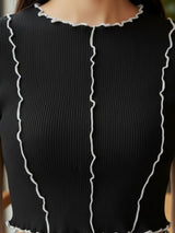 Clobug Women Round Neck Black Crop Top