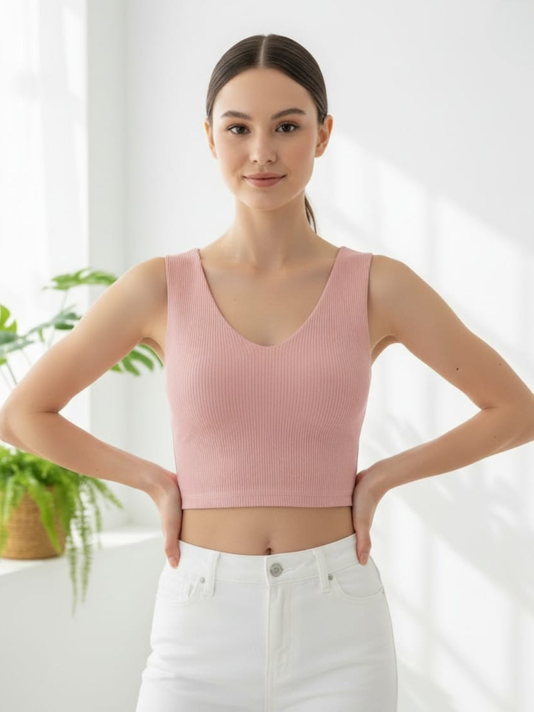 Clobug Women V- Neck Pink Crop Top