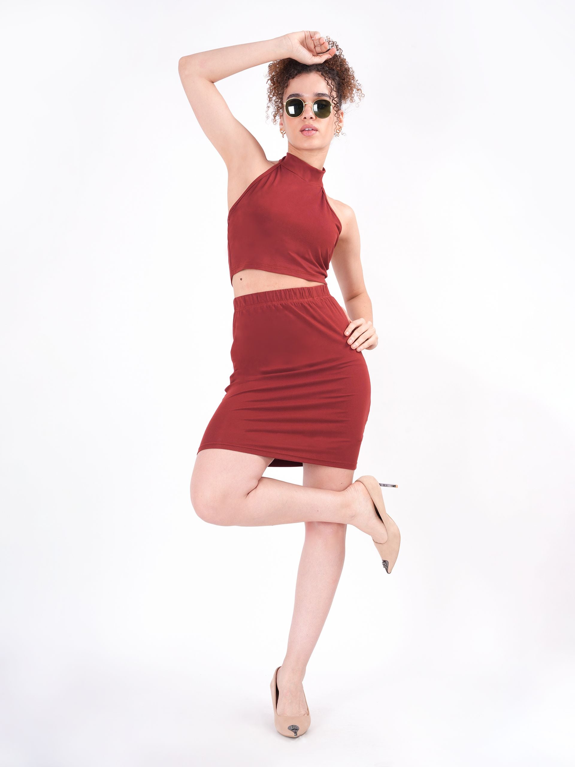 Brown Halter Neck Cord Set