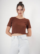 Brown Partywear Crop Top With Round Neck & Half Sleeve