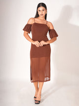 Brown Self Design Off Shoulder Midi Dress