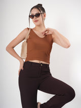 Solid V Neck Sleeveless Fitted Crop Top For Women
