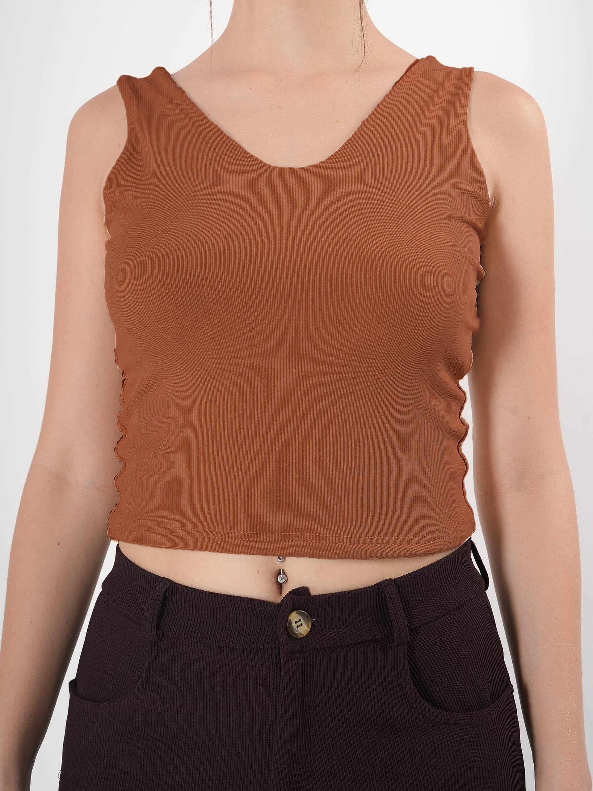 Solid V Neck Sleeveless Fitted Crop Top For Women