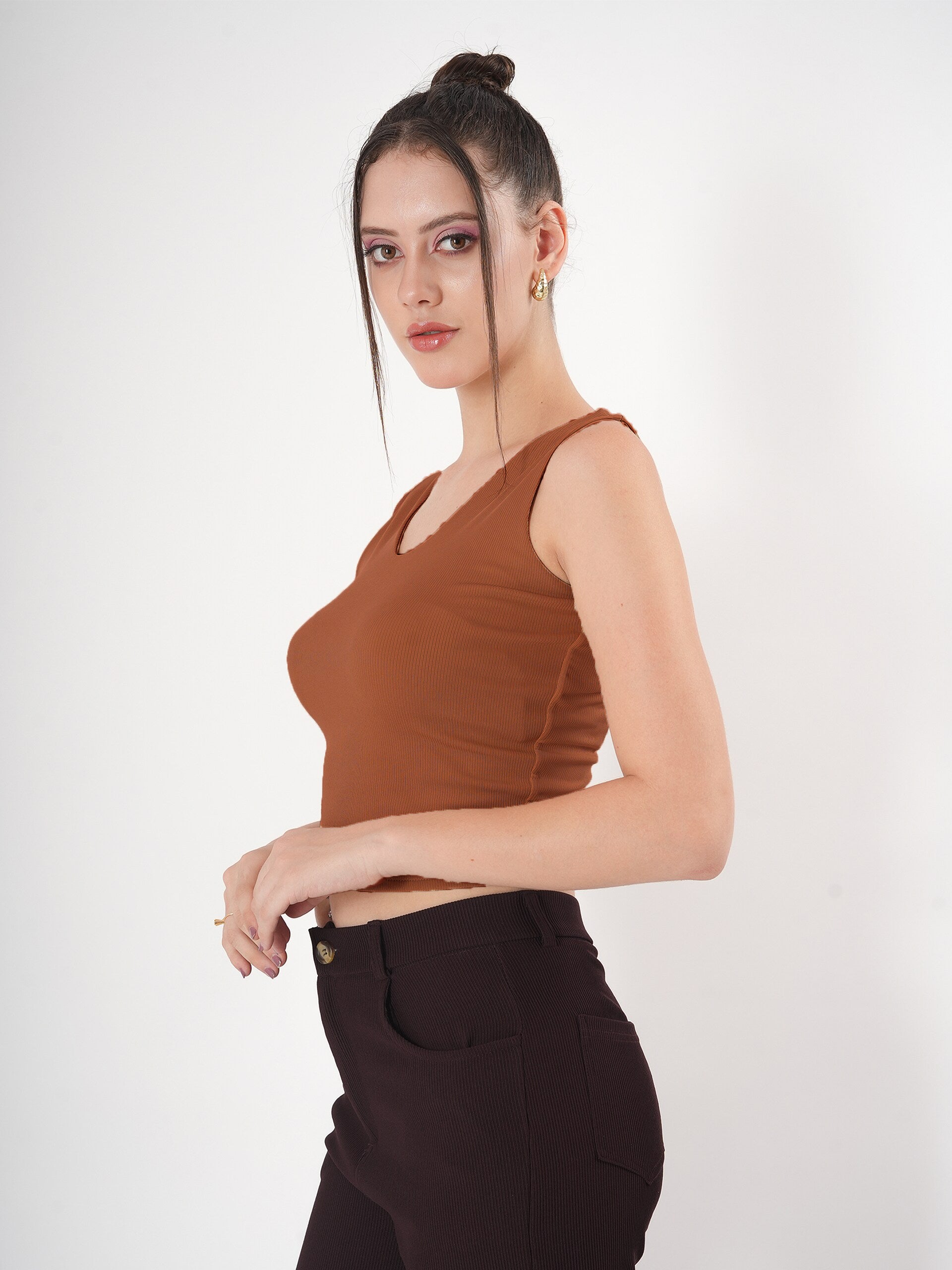 Solid V Neck Sleeveless Fitted Crop Top For Women