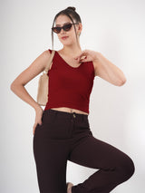 Solid V Neck Sleeveless Fitted Crop Top For Women