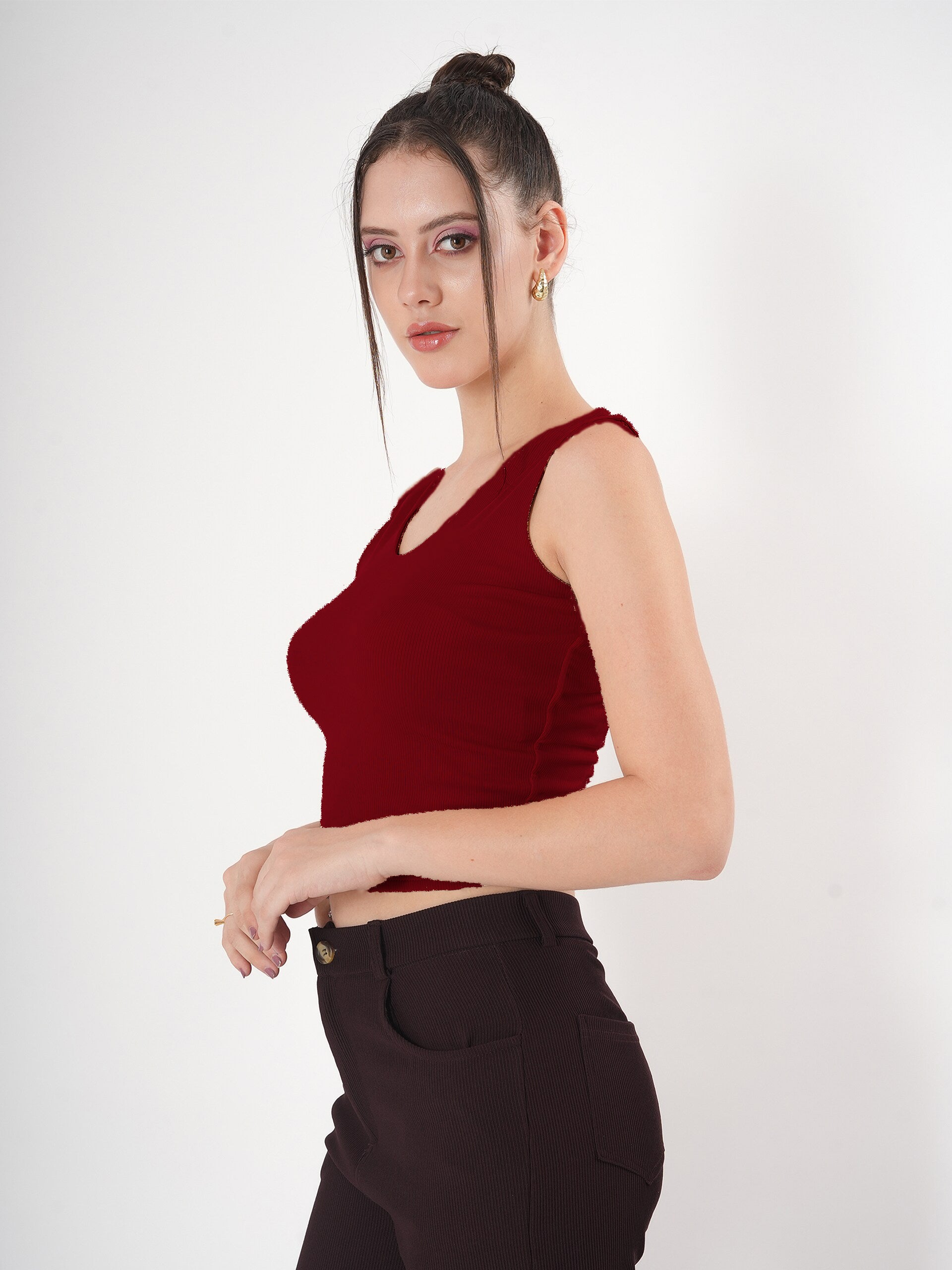 Solid V Neck Sleeveless Fitted Crop Top For Women