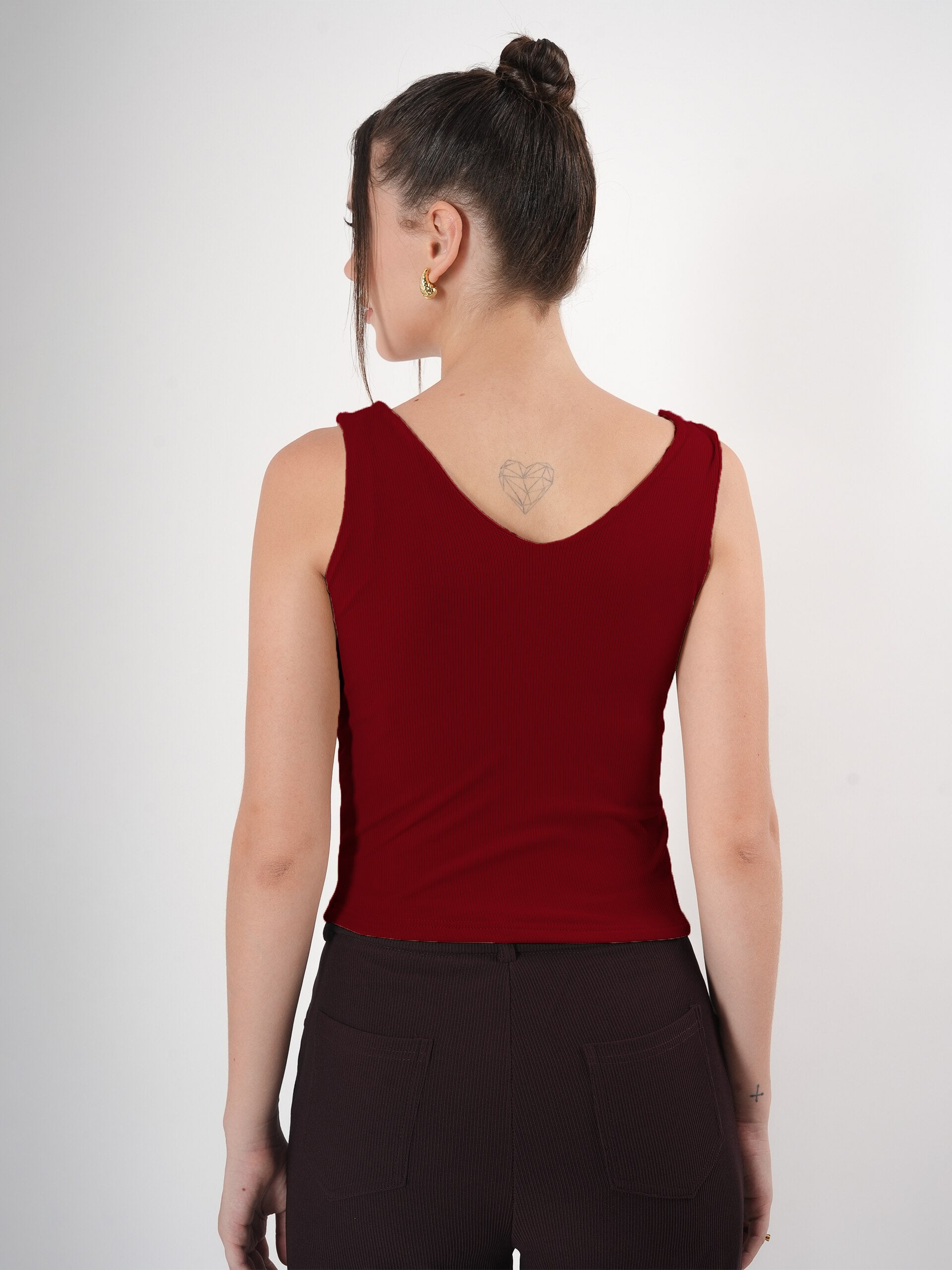 Solid V Neck Sleeveless Fitted Crop Top For Women
