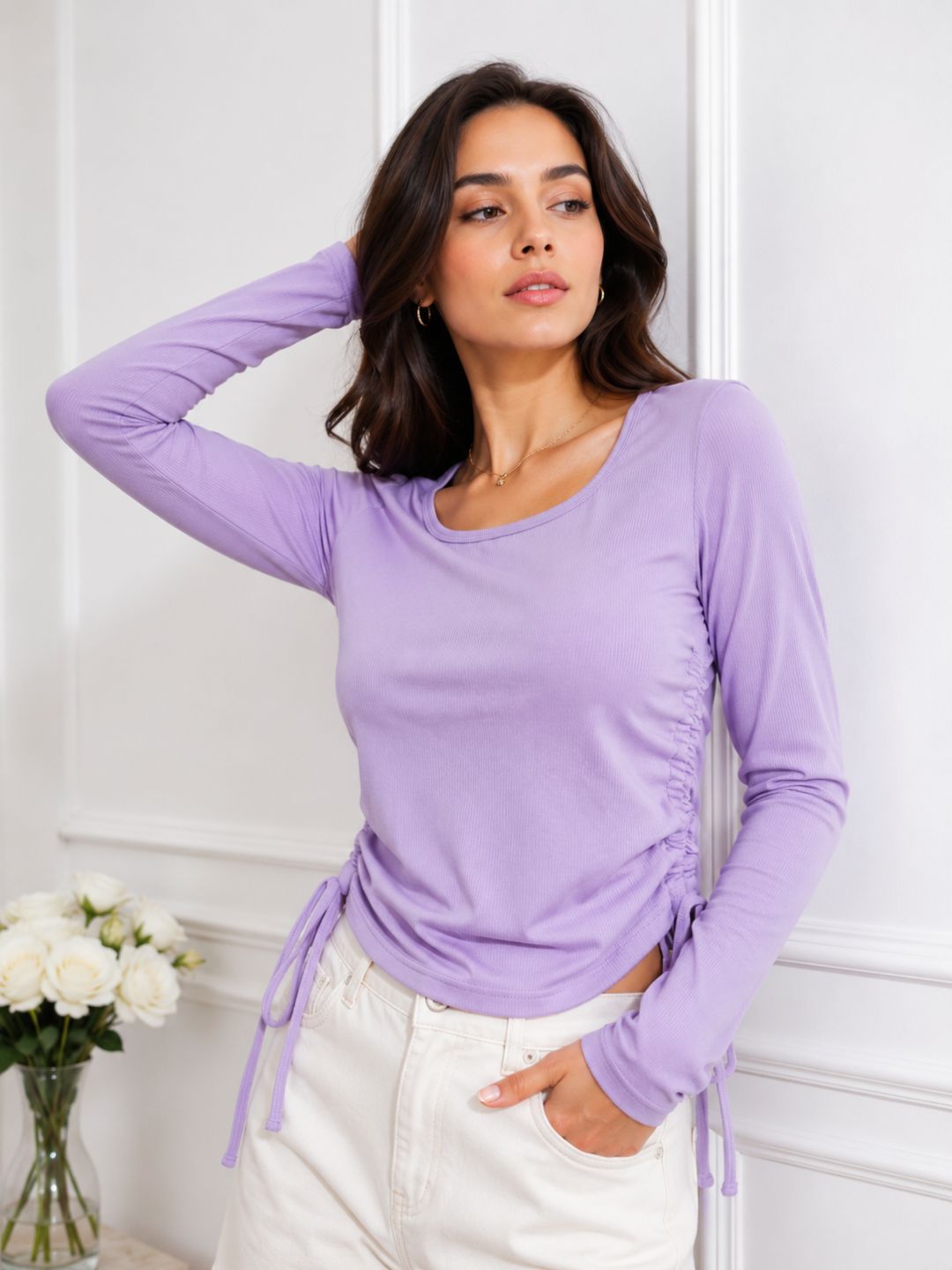 Clobug Solid Square Neck Full Sleeve Fitted Crop Top With Adjustable Strings