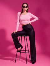 Solid Square Neck Full Sleeve Fitted Crop Top With Adjustable Strings