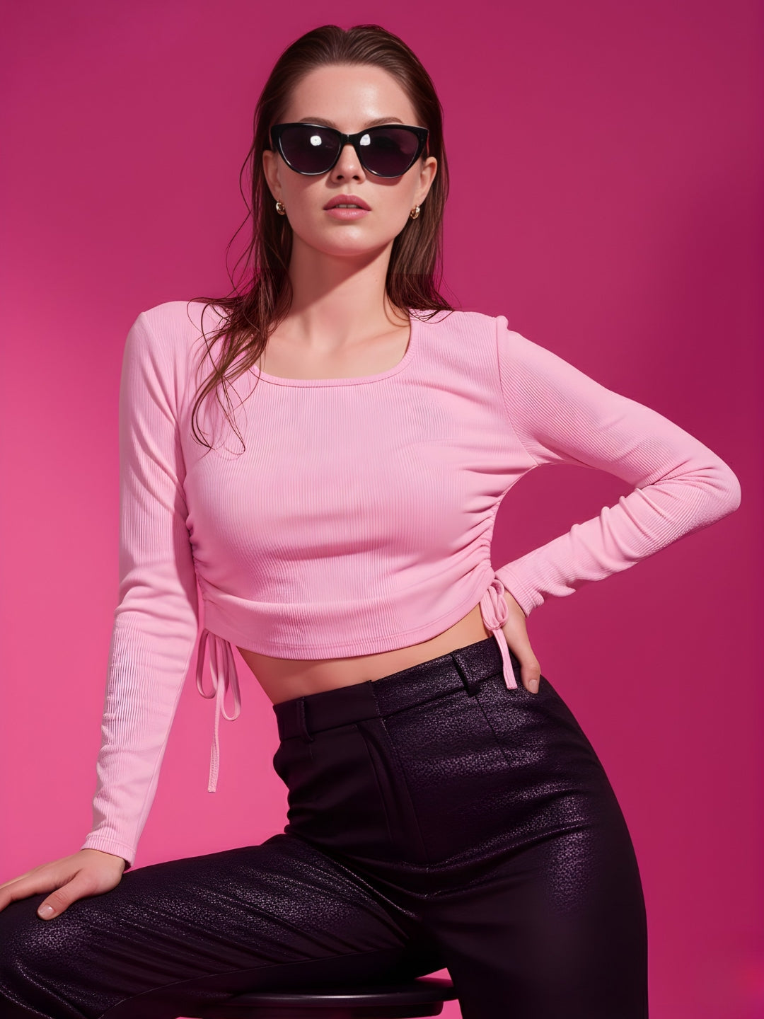 Solid Square Neck Full Sleeve Fitted Crop Top With Adjustable Strings