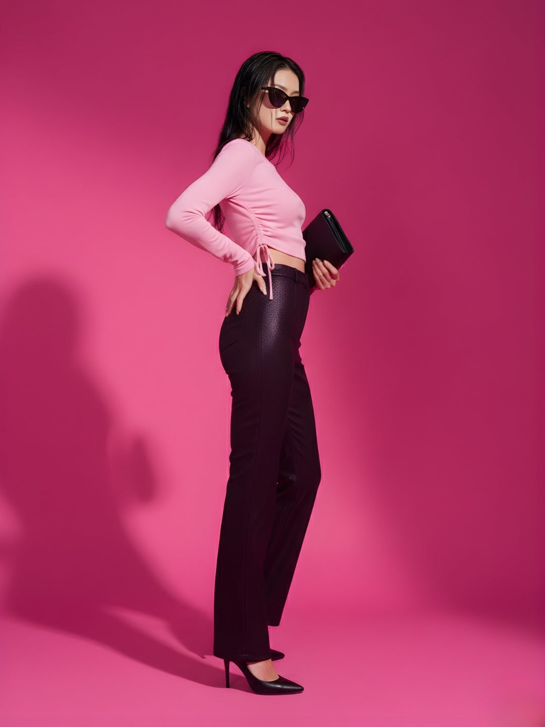 Solid Square Neck Full Sleeve Fitted Crop Top With Adjustable Strings