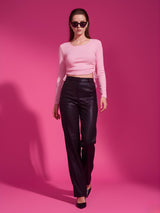 Solid Square Neck Full Sleeve Fitted Crop Top With Adjustable Strings