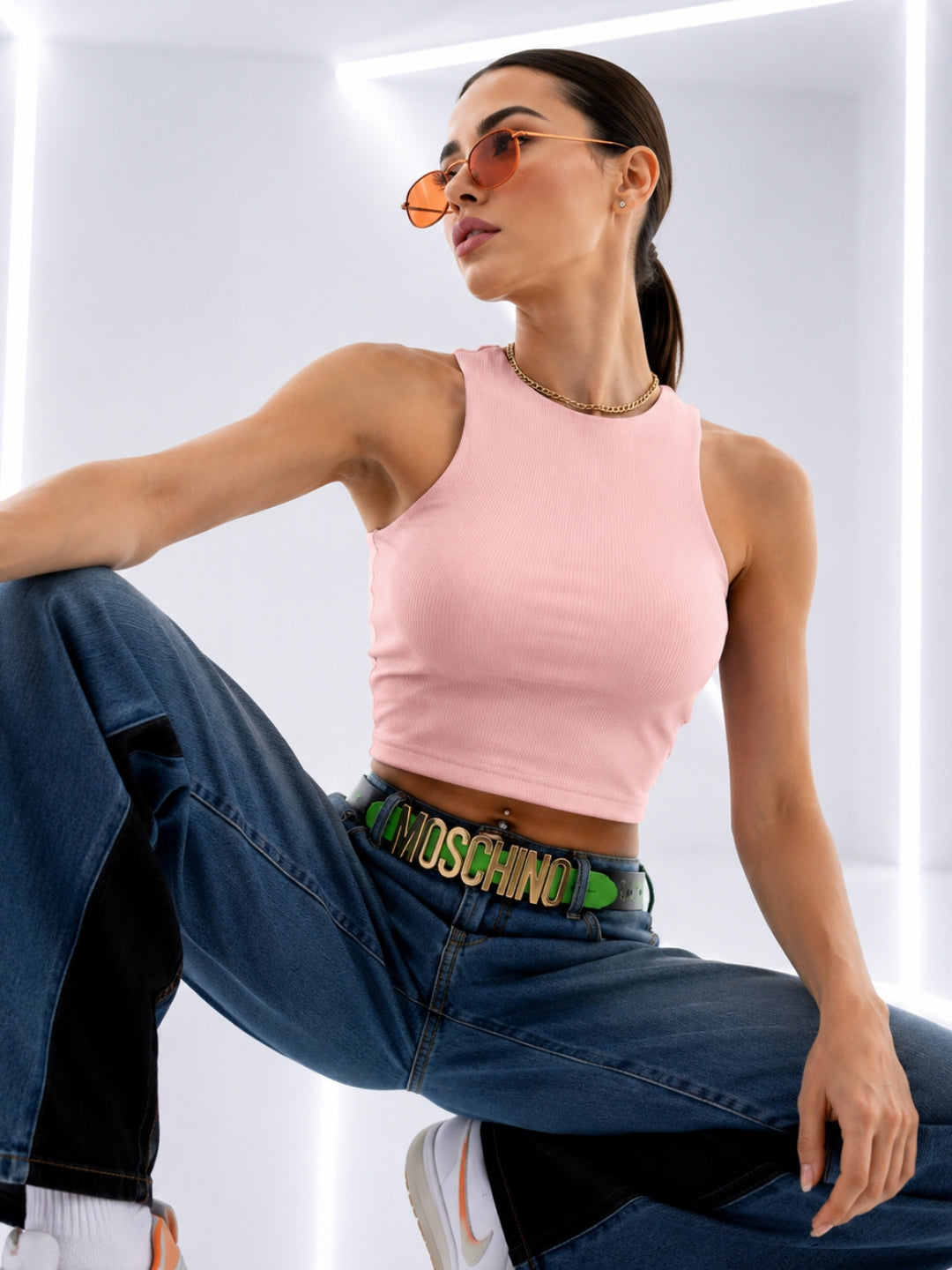 Clobug Solid Ribbed Sleeveless Crop Tank Top