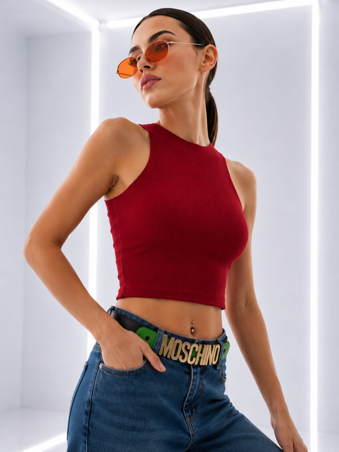 Clobug Solid Ribbed Sleeveless Crop Tank Top