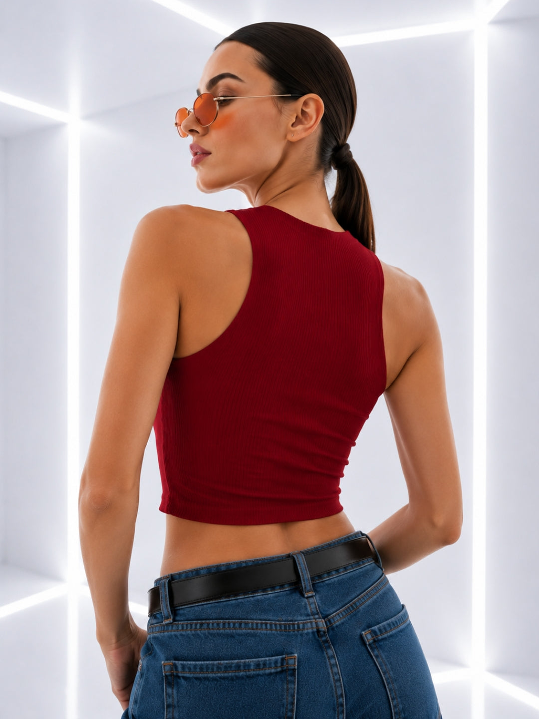 Clobug Solid Ribbed Sleeveless Crop Tank Top