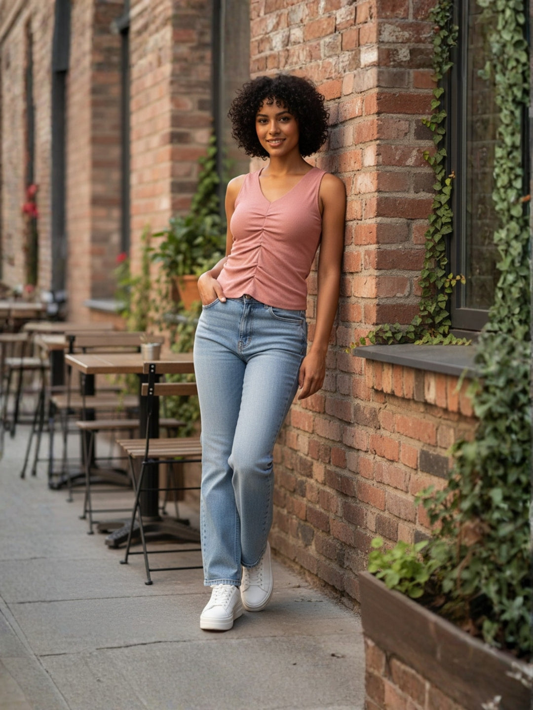 Solid V Neck Sleeveless Pleated Semi Crop Top