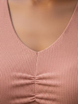 Solid V Neck Sleeveless Pleated Semi Crop Top