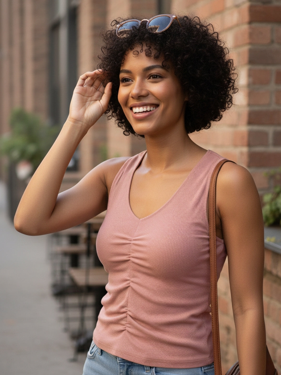 Solid V Neck Sleeveless Pleated Semi Crop Top