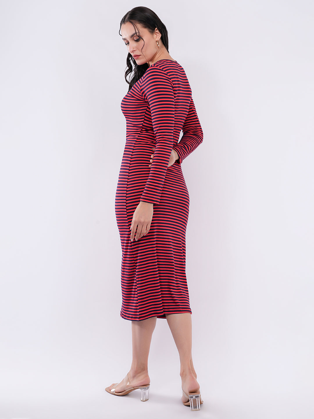 Clobug Women Striped Bodycon Midi Dress