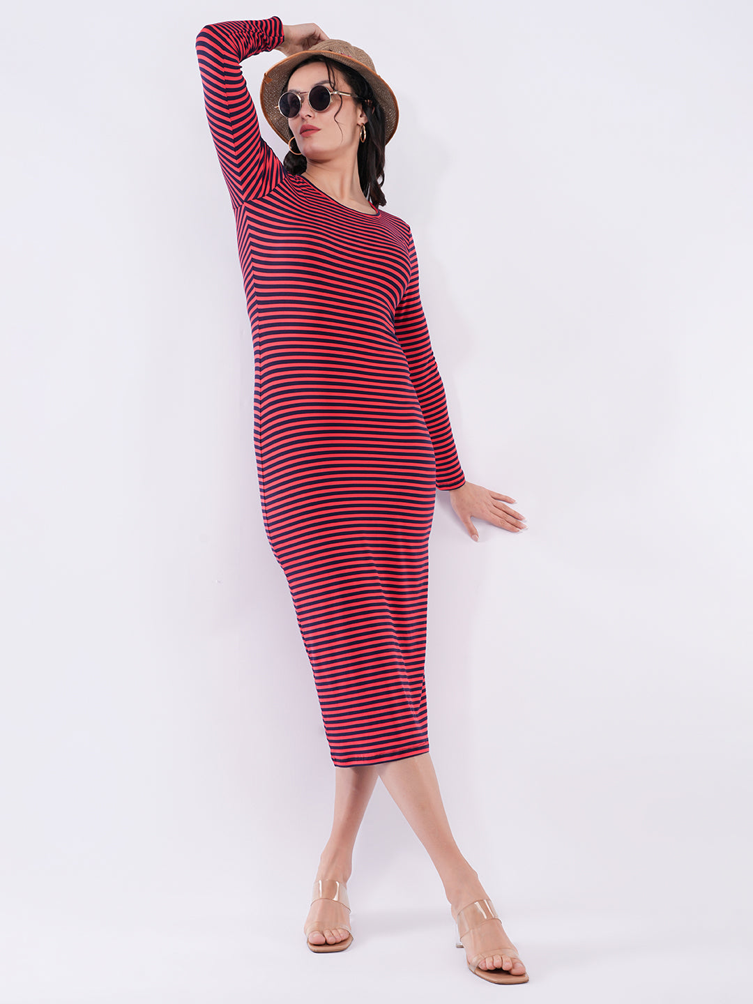 Clobug Women Striped Bodycon Midi Dress