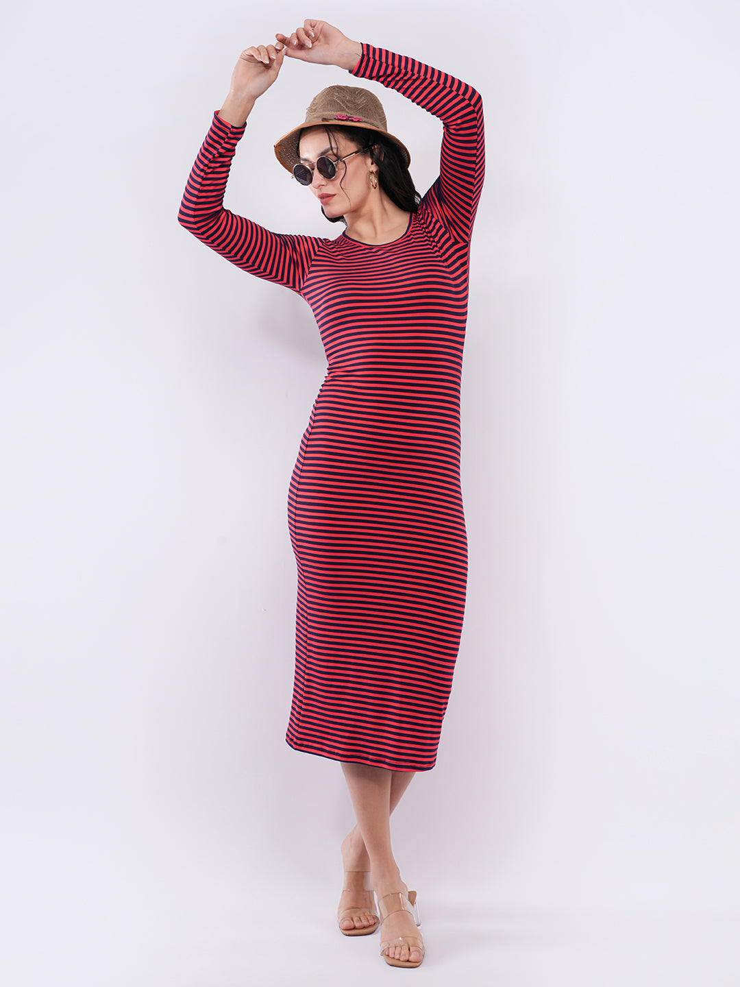 Clobug Women Striped Bodycon Midi Dress