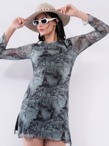 Clobug Women Tie-Dye Mesh Bodycon Mini Dress