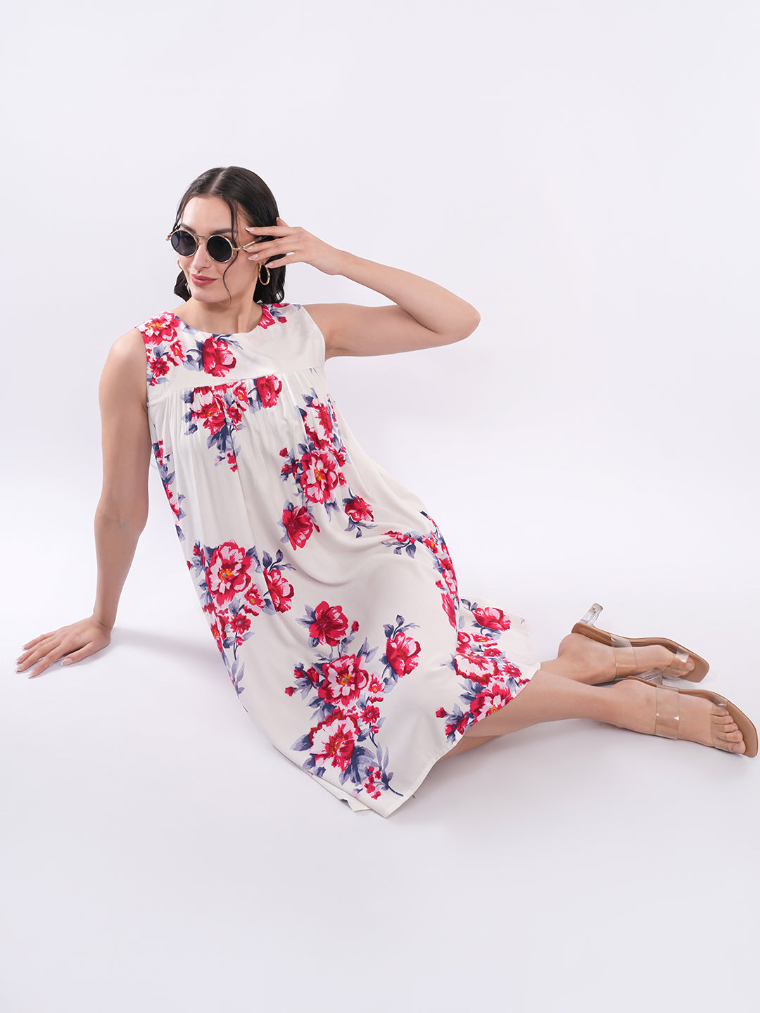 Clobug Women Floral A-Line Sleeveless Dress