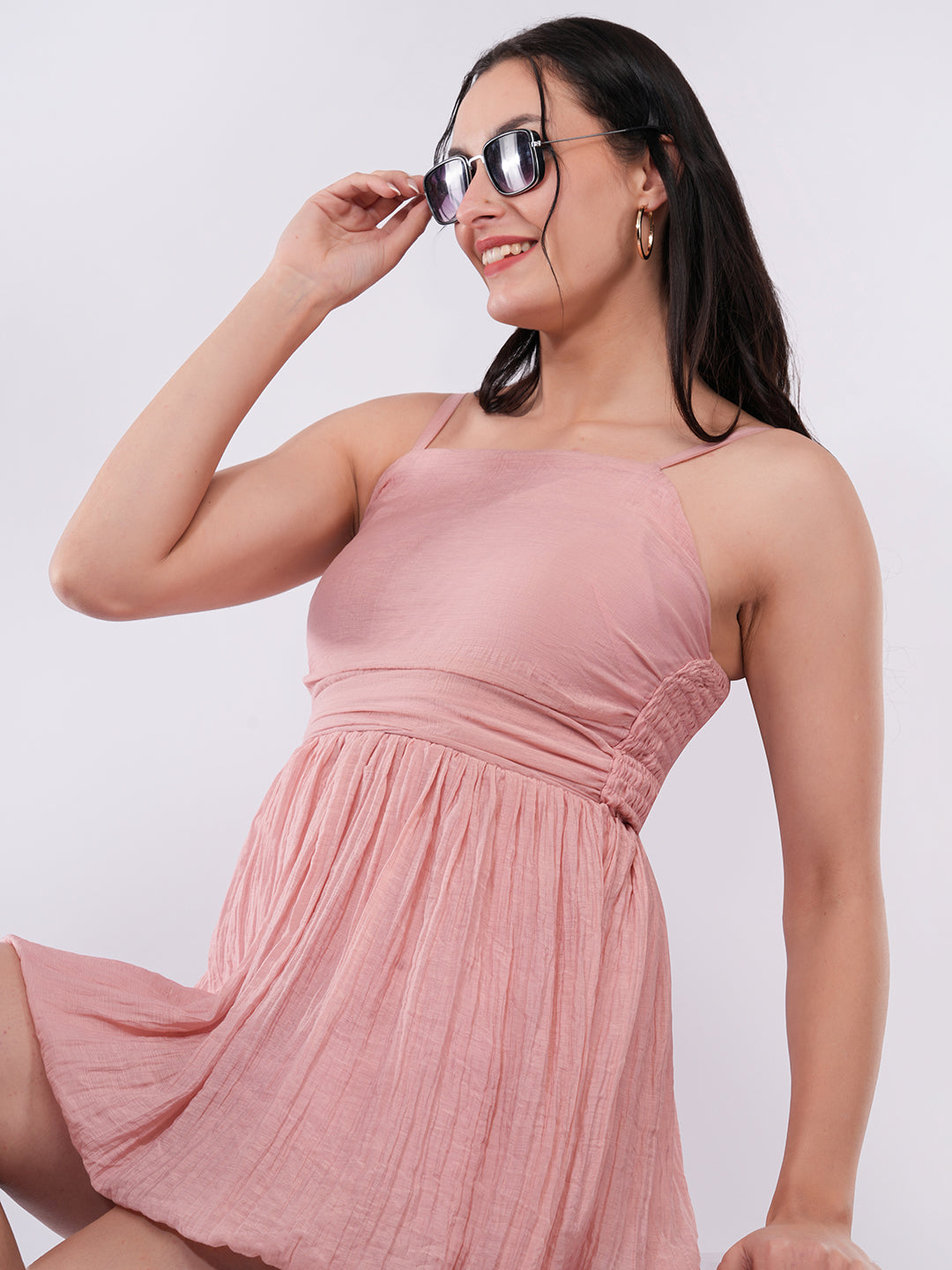 Clobug Women Blush Pink Smocked Strap Mini Dress