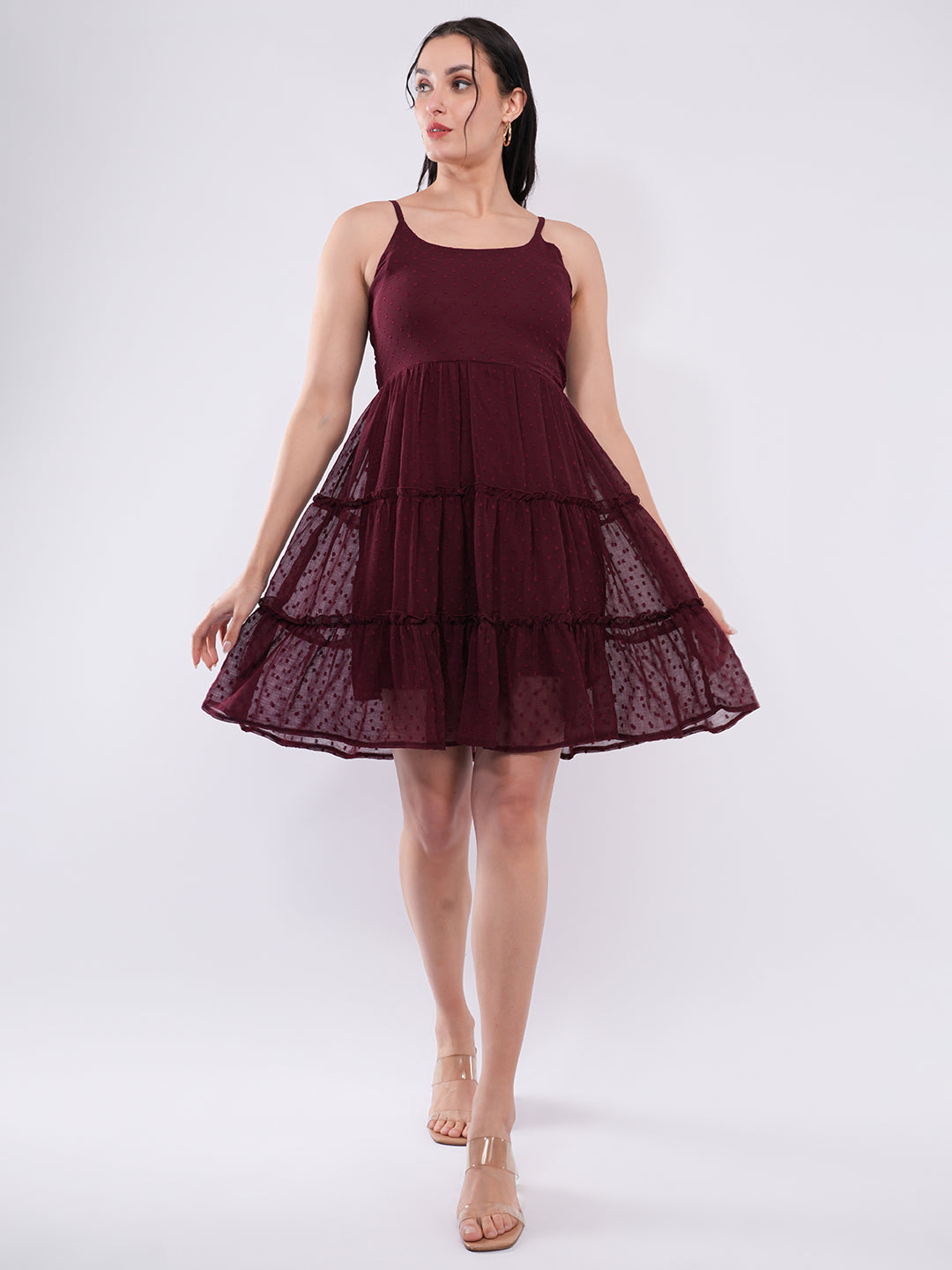 Clobug Women Wine Dobby Mesh Tiered Mini Dress