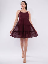Clobug Women Wine Dobby Mesh Tiered Mini Dress