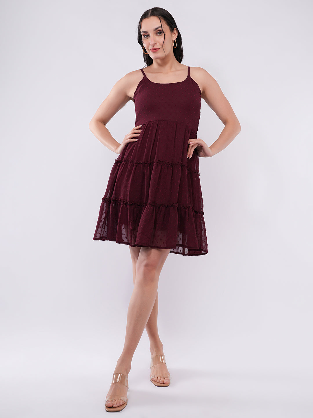 Clobug Women Wine Dobby Mesh Tiered Mini Dress