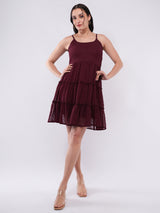 Clobug Women Wine Dobby Mesh Tiered Mini Dress