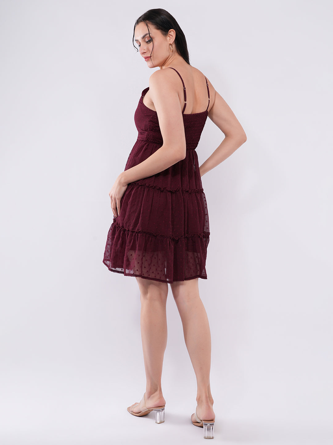 Clobug Women Wine Dobby Mesh Tiered Mini Dress