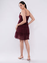 Clobug Women Wine Dobby Mesh Tiered Mini Dress
