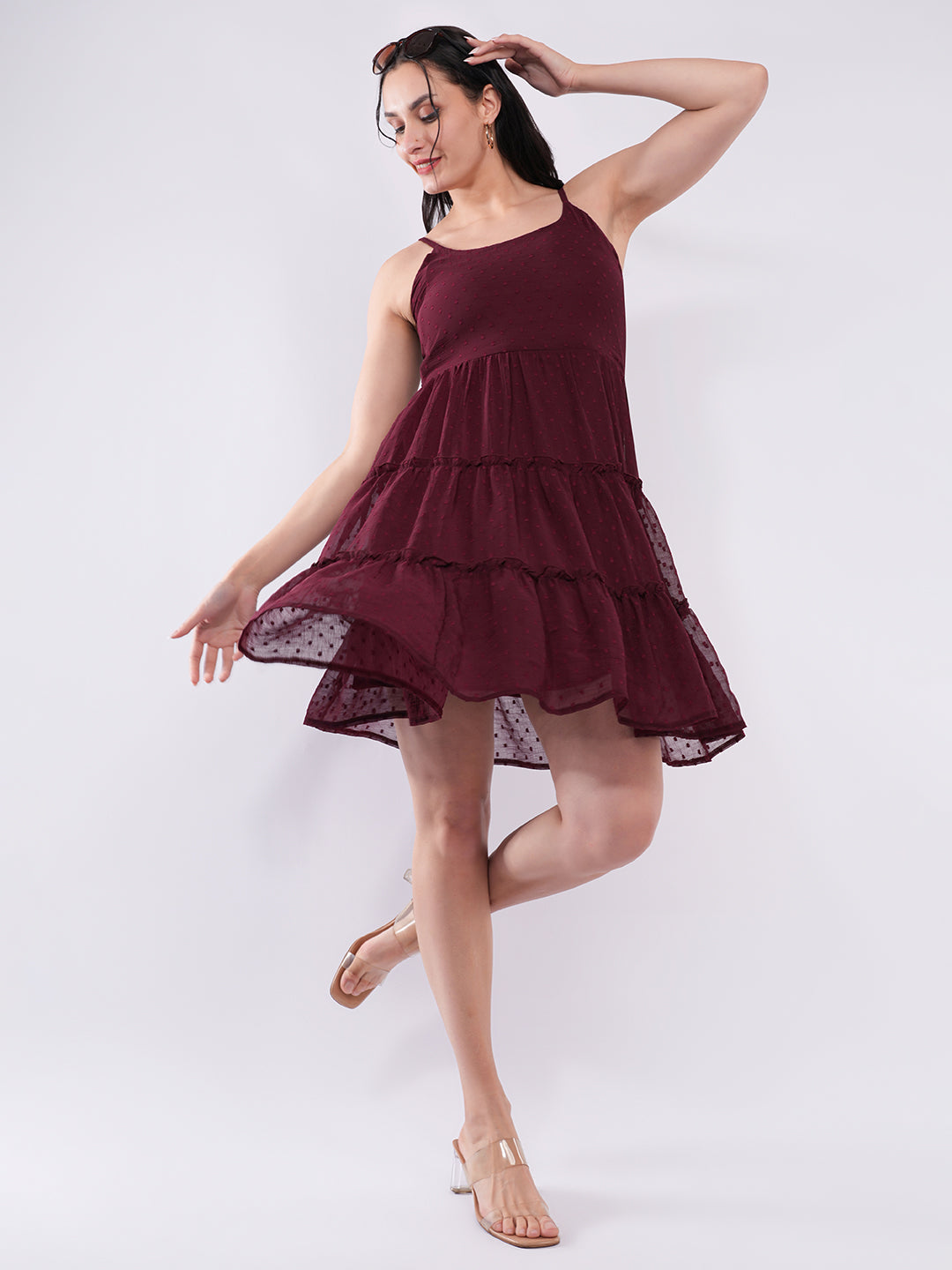 Clobug Women Wine Dobby Mesh Tiered Mini Dress
