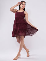Clobug Women Wine Dobby Mesh Tiered Mini Dress
