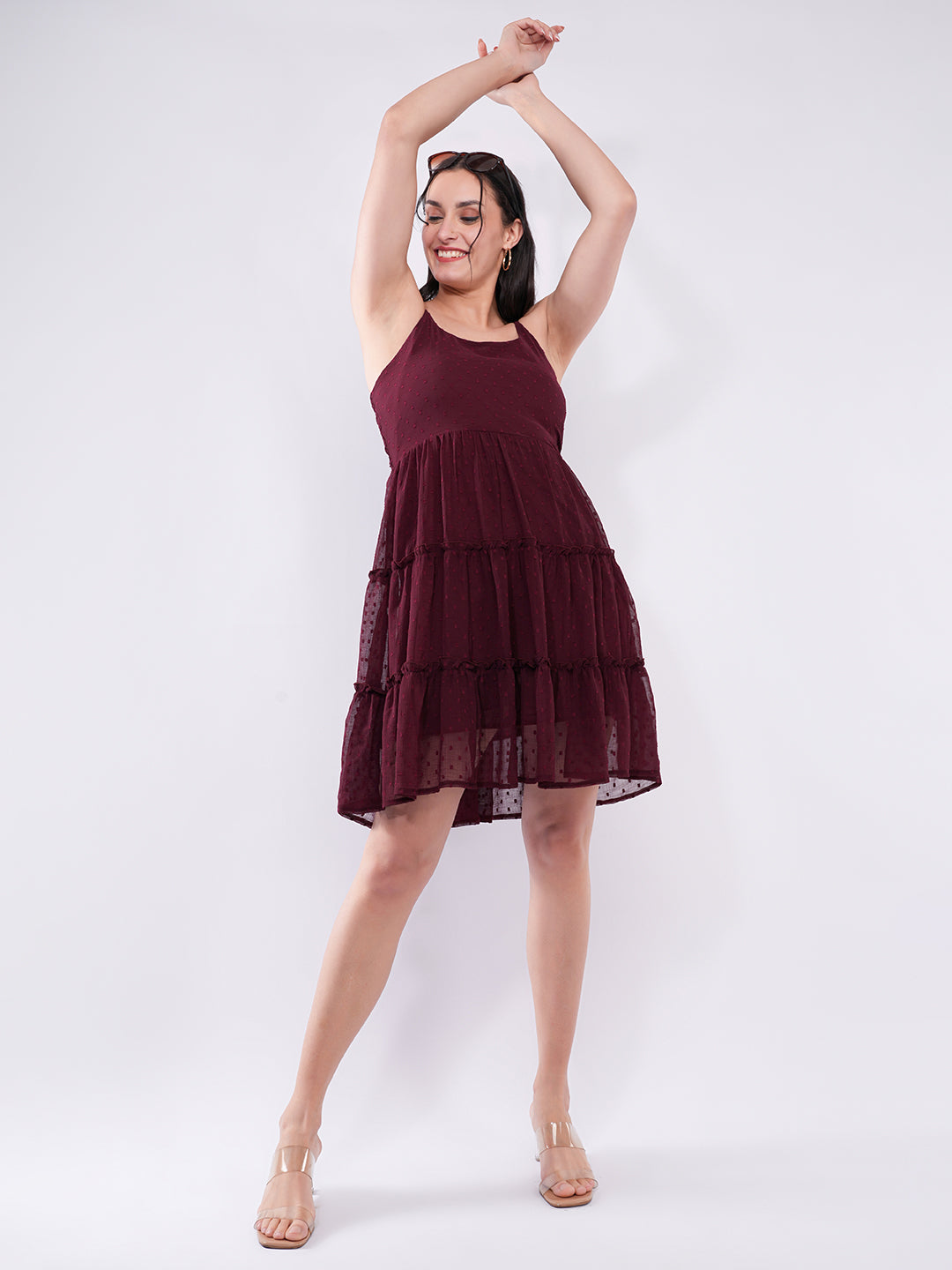 Clobug Women Wine Dobby Mesh Tiered Mini Dress