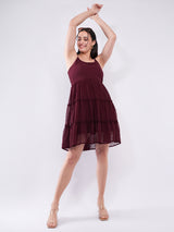 Clobug Women Wine Dobby Mesh Tiered Mini Dress