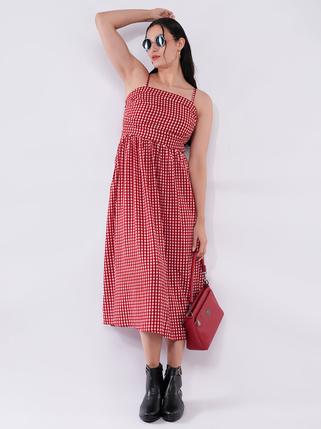 Clobug Women Red Gingham Smocked Midi Dress