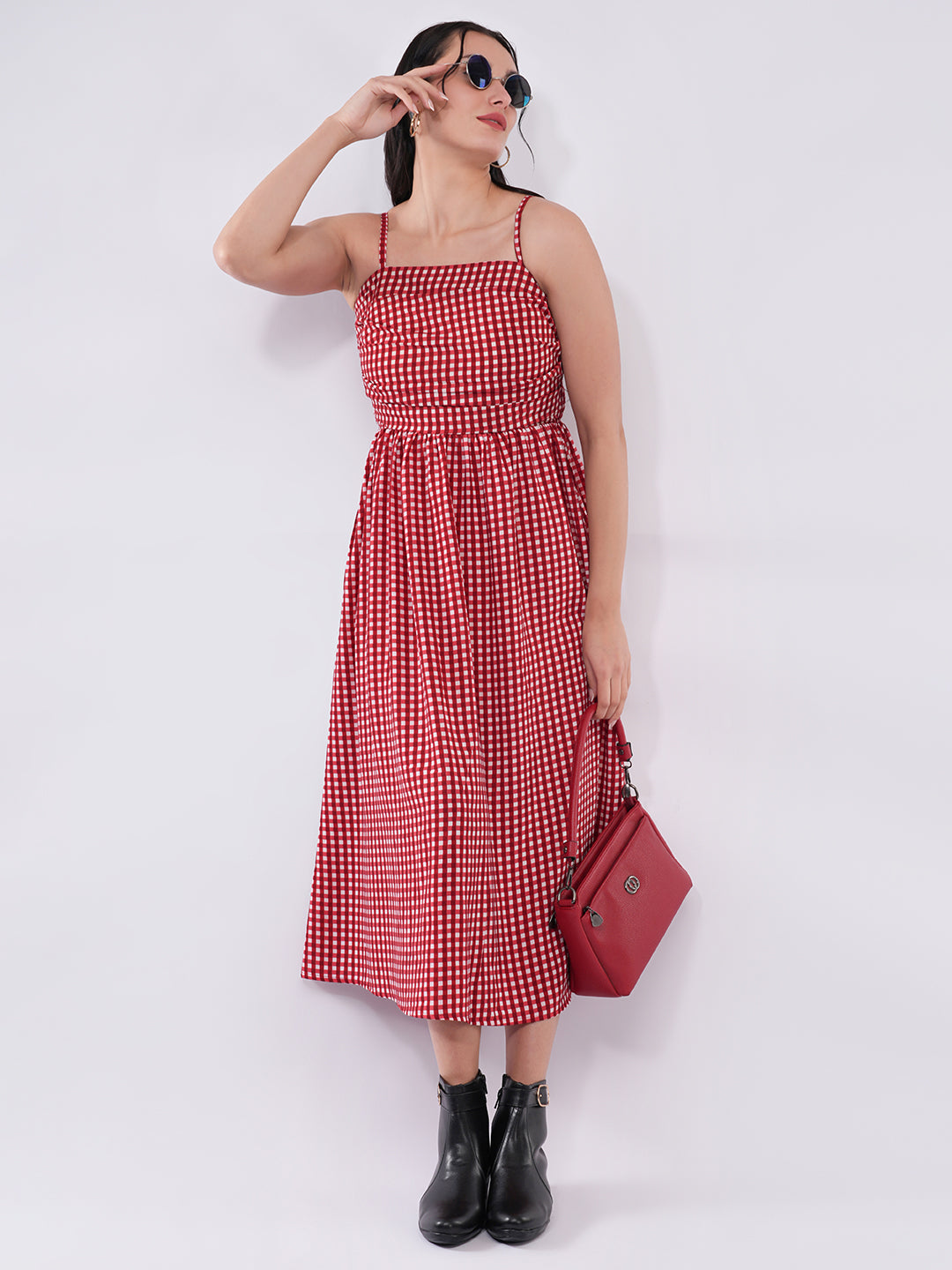 Clobug Women Red Gingham Smocked Midi Dress