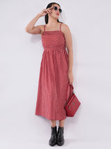 Clobug Women Red Gingham Smocked Midi Dress