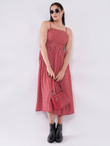 Clobug Women Red Gingham Smocked Midi Dress